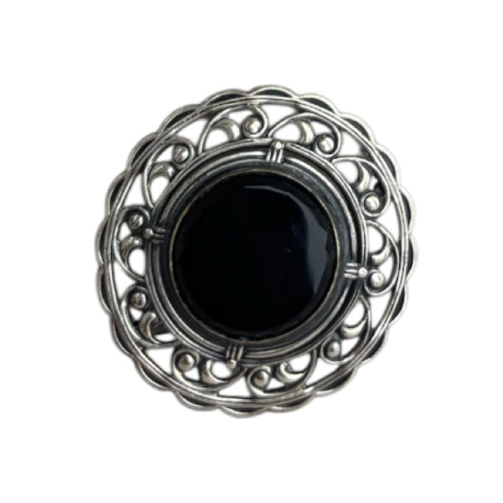 Vintage Sterling Silver Brooch Pin Onyx Black Stone Ornate Scrolled Filigree - Picture 2 of 15